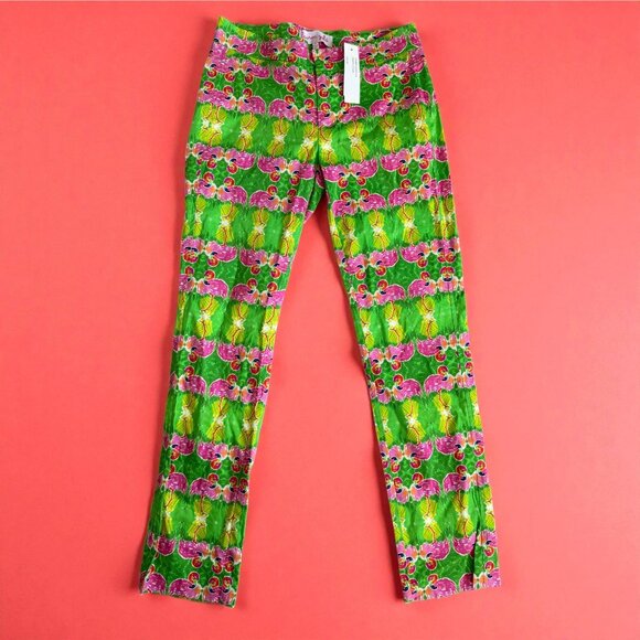 LAUREN GOLD Flamingo Print Green Pink Ankle Pants Size 0 NEW NWT - Picture 1 of 11